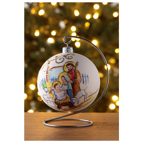 Christmas tree ball in white blown glass with Holy Family decoration 100 mm 2