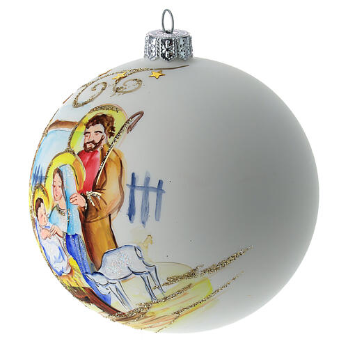 Christmas tree ball in white blown glass with Holy Family decoration 100 mm 3