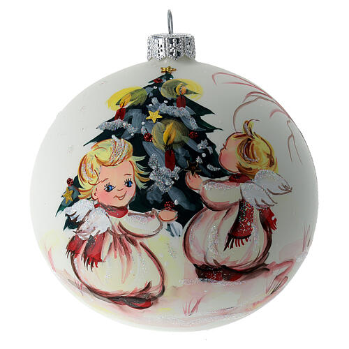 Christmas tree ball in white blown glass with angels decoration 100 mm 1