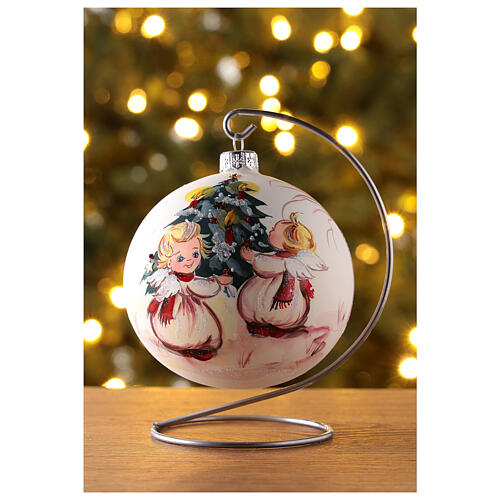 Christmas tree ball in white blown glass with angels decoration 100 mm 2