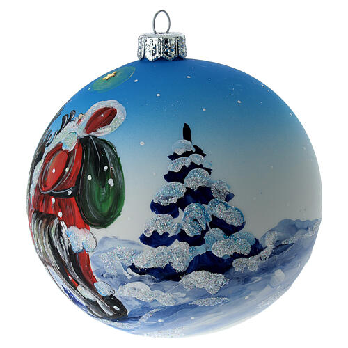 Bola árvore de Natal vidro soprado azul Pai Natal com rena 10 cm 3