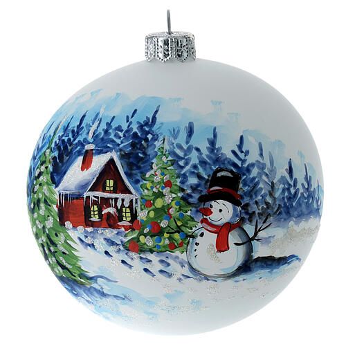 Christmas tree ball in white blown glass with snowy landscape decoration 100 mm 1