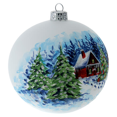 Christmas tree ball in white blown glass with snowy landscape decoration 100 mm 4