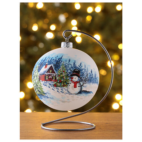 Bola árvore de Natal vidro soprado branco paisagem nevada com boneco de neve 10 cm 2