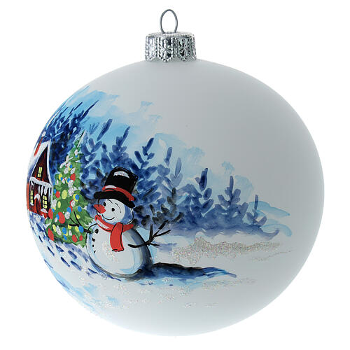 Bola árvore de Natal vidro soprado branco paisagem nevada com boneco de neve 10 cm 3