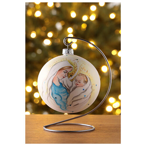 Boule pour sapin de Noël verre soufflé blanc avec Marie et Jésus 100 mm 2