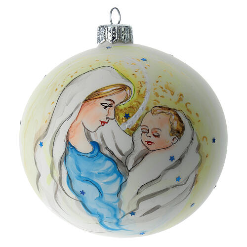 Bola árvore de Natal vidro soprado branco Virgem Maria e Menino Jesus com estrelas 10 cm 1