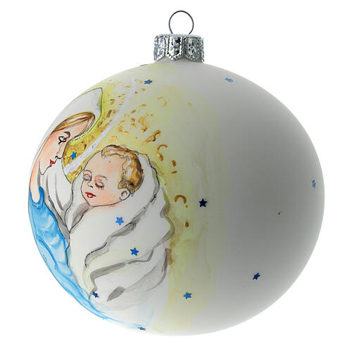 Bola árvore de Natal vidro soprado branco Virgem Maria e Menino Jesus com estrelas 10 cm 3