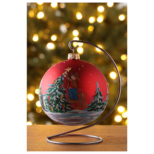 Boule sapin de Noël verre soufflé rouge avec sapins décorés 100 mm
