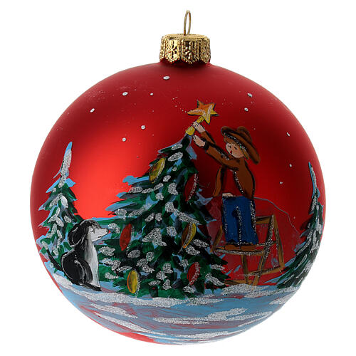Bola árvore de Natal vidro soprado vermelho menino adornando árvore de Natal 10 cm 1