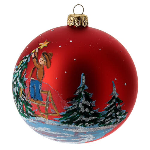 Red blown glass Christmas tree ball with person decorating tree 100 mm 3