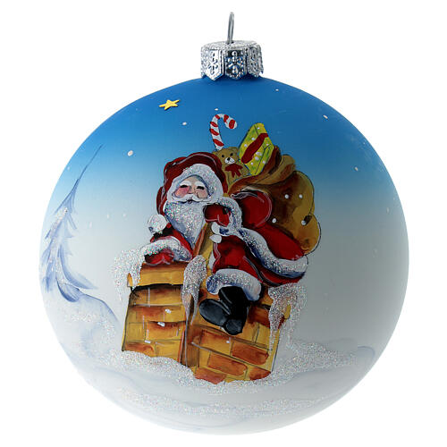 Bola árvore de Natal vidro soprado branco e azul Pai Natal na chaminé 10 cm 1