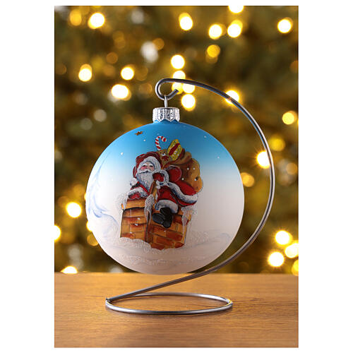 Bola árvore de Natal vidro soprado branco e azul Pai Natal na chaminé 10 cm 2