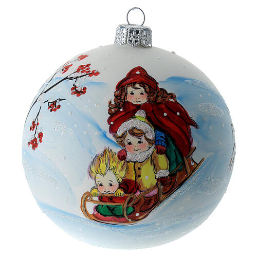 Christmas tree ball in white blown glass with children's sled decoration 100 mm 1