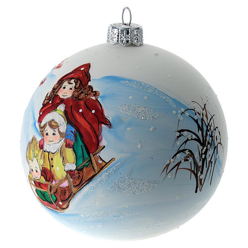Bola árvore de Natal vidro soprado branco e azul crianças com trenó 10 cm 3
