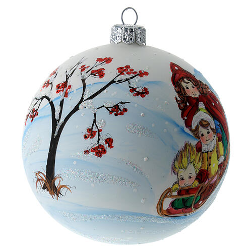 Bola árvore de Natal vidro soprado branco e azul crianças com trenó 10 cm 4