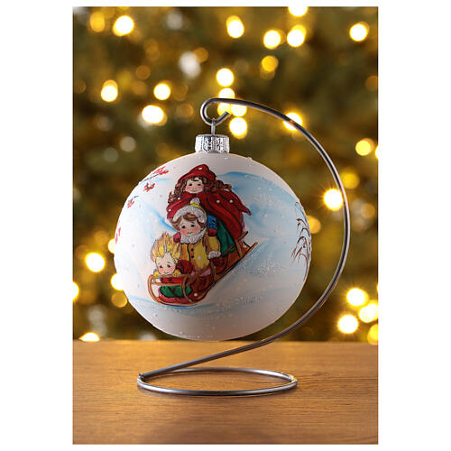 Christmas tree ball in white blown glass with children sledding 100 mm 2