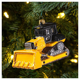 Bulldozer blown glass Christmas tree ornament