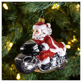 Weihnachtsmann auf Motorrad, Weihnachtsbaumschmuck aus mundgeblasenem Glas
