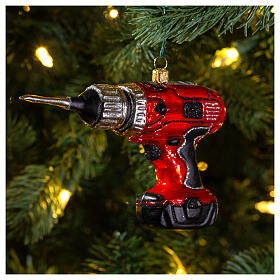 Power drill Christmas tree ornament in blown glass