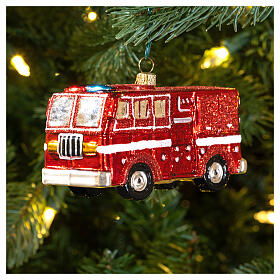 NY fire truck Christmas tree ornament in blown glass
