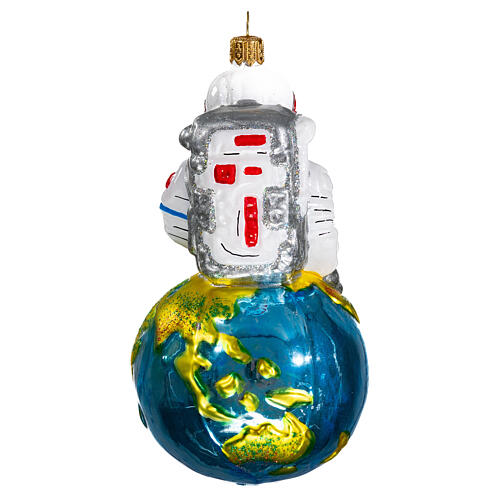 Astronaut sitting on Earth Christmas tree ornament in blown glass 5