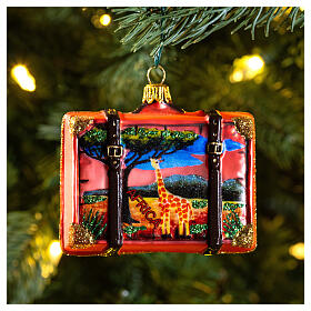 African suitcase Christmas tree ornament in blown glass