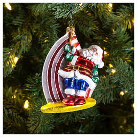 Santa Claus Windsurfing Christmas tree ornament blown glass