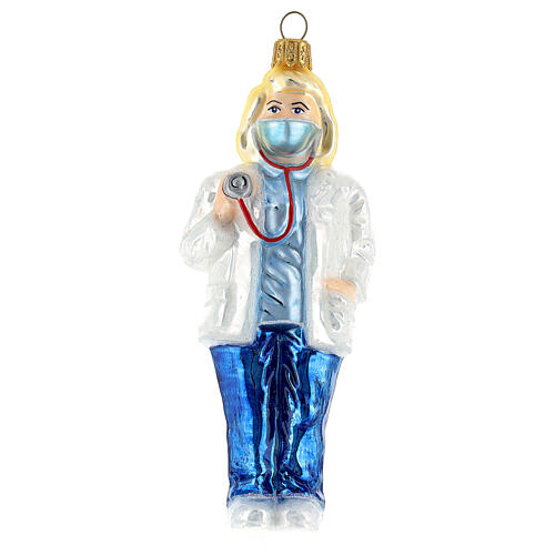 Ärztin mit Stethoskop, Weihnachtsbaumschmuck aus mundgeblasenem Glas 1