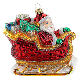 Weihnachtsmann auf Schlitten mit Geschenken, Weihnachtsbaumschmuck aus mundgeblasenem Glas