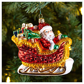 Santa Claus Christmas tree ornament sleigh in blown glass