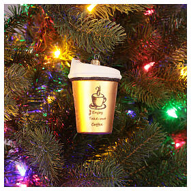Café take-away enfeite para árvore de Natal vidro soprado