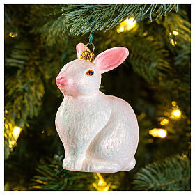 Weißes Kaninchen, Weihnachtsbaumschmuck aus mundgeblasenem Glas