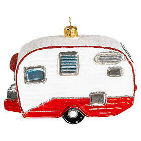 Vintage camper with Christmas tree decoration in blown glass