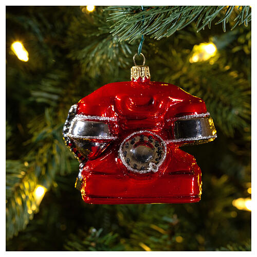 Teléfono rojo de época decoración vidrio soplado árbol Navidad 2
