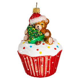 Cupcake Christmas tree decoration with bear blown glass