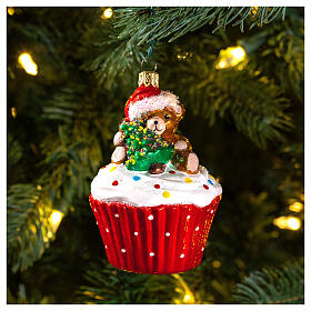 Cupcake Christmas tree decoration with bear blown glass