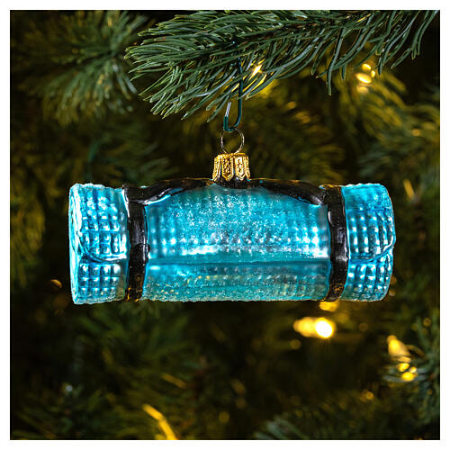 Yoga mat Christmas ornament in blown glass, blue 2