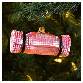Yoga mat Christmas ornament in blown glass, pink