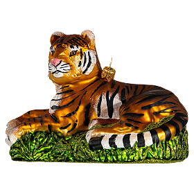 Tiger lying Christmas tree decoration in blown glass