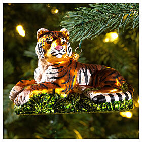 Tiger lying Christmas tree decoration in blown glass