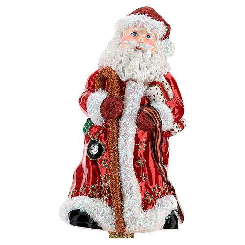 Ponteira para árvore de Natal Pai Natal manto vermelho e bastão vidro soprado 30 cm 3