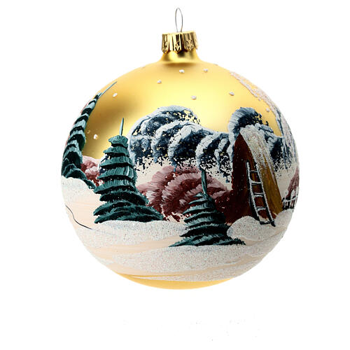 Blown glass ball 100 mm with snowy landscape, gold background 6