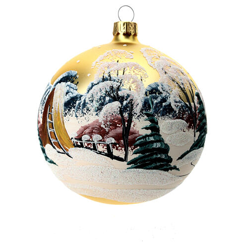 Blown glass ball 100 mm with snowy landscape, gold background 8