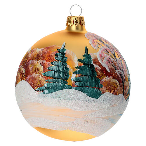 Blown glass ball 100 mm with snowy landscape, gold background 5
