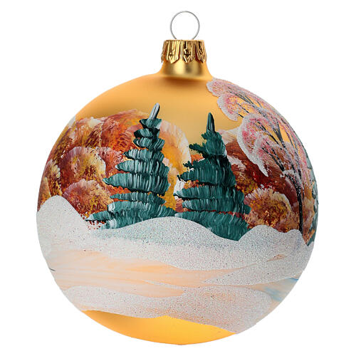 Blown glass ball 100 mm with snowy landscape, gold background 5
