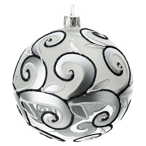 Christmas ball of blown glass, 100 mm, opaque white and silve 2