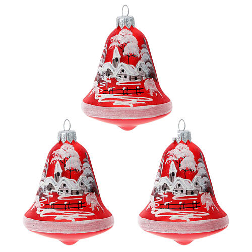 Christmas balls of blown glass, 90 mm, set of 3 red bells 1