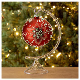 Palla di Natale vetro soffiato rosso decoro bianco 120 mm 