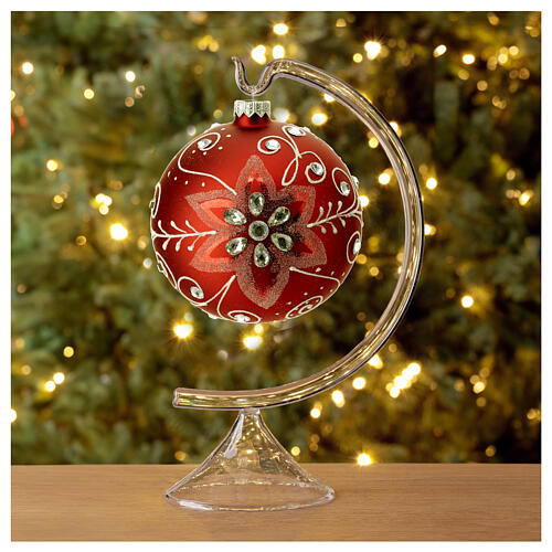 Palla di Natale vetro soffiato rosso decoro bianco 120 mm  2